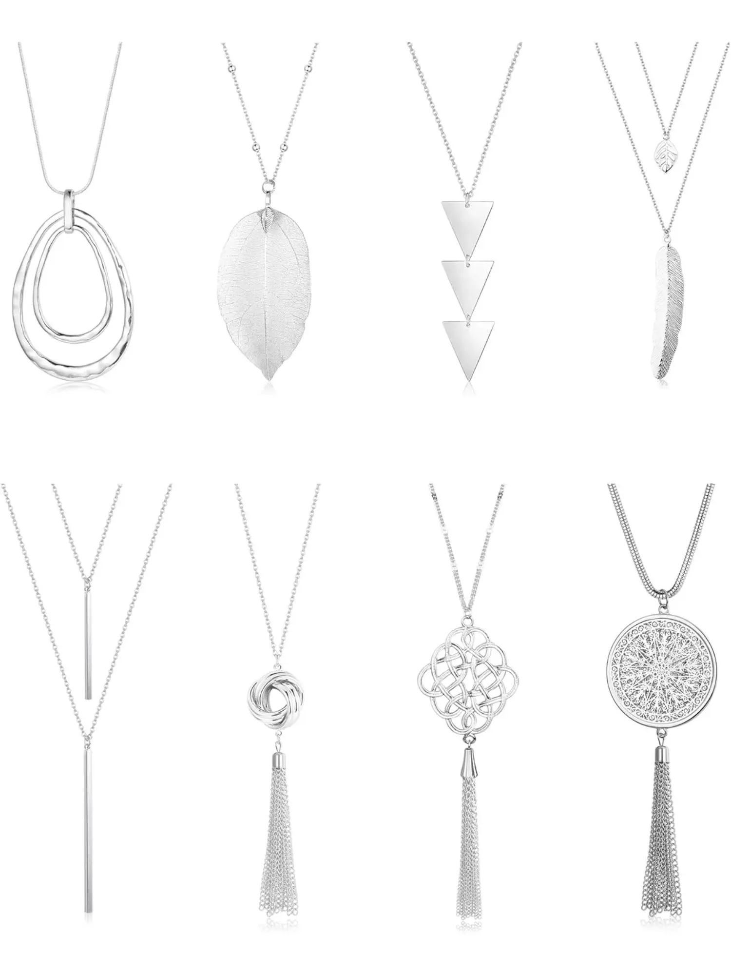 8 Pcs Silvery Y-Style Sweater Necklace Set for Women Men Premium Alloy Assorted Long Statement Pendants Collection Sleek Bar Delicate Leaf Hollow Circle Chic Tassel Designs Trendy Y-shaped Layering Silhouettes Elegant Luster Minimalist Versatile Styling