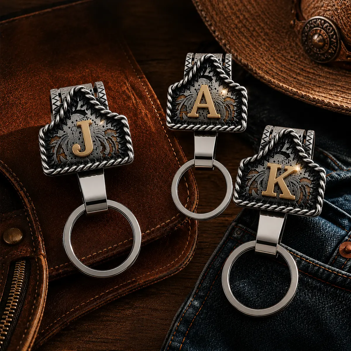 Western Cowboy Keychain Clip for Men, Vintage Engraved Metal Belt Clip, Personalized Initial Key Holder for Wallet, Jeans & Bags, Western Keyring Gift Accessory