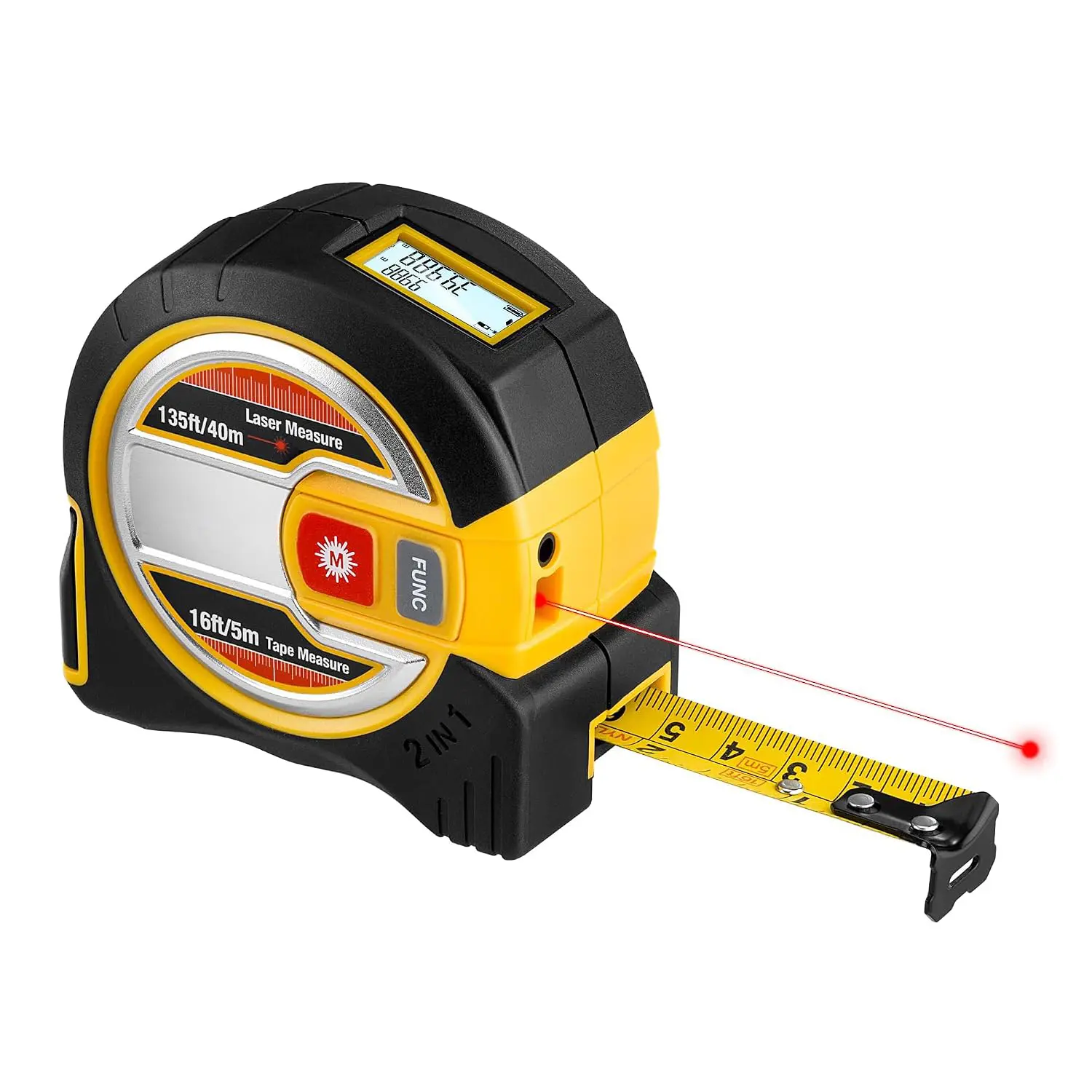 2-in-1 Laser Tape Measure - NOT Digital - 135Ft Laser Measurement Tool & 16Ft Measuring Tape with Auto Lock & Movable Magnetic Hook - Pythagorean, Area, Volume, Ft/Ft+in/in/M Unit-NOT Digital