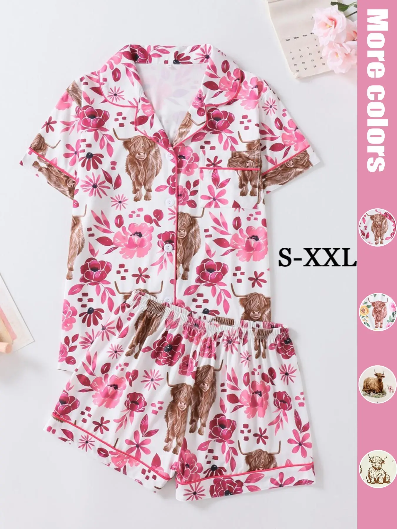 Women's 2-Piece Pajama Set, All over Print, Fitted Style, Short Sleeve Top with Button Neck, Comfortable Loose Shorts, Sweet Cool Sleepwear