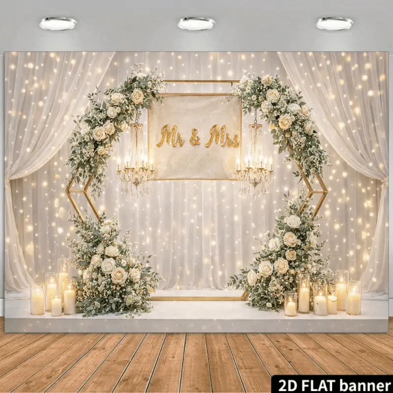 Modern Wedding Decoration Backdrop, Beige Marble Style Background with Golden Heart Frame, White Roses and Greenery for Photo Studio, Party and Home Decor