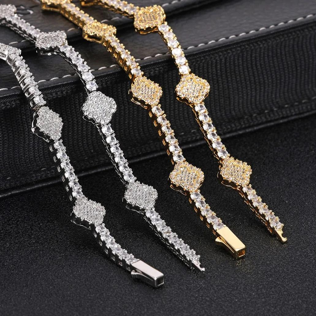 Luxury Iced Out Flower Necklace Bracelet Set Diamond Bling Jewelry for Women Gold Silver Chain Set