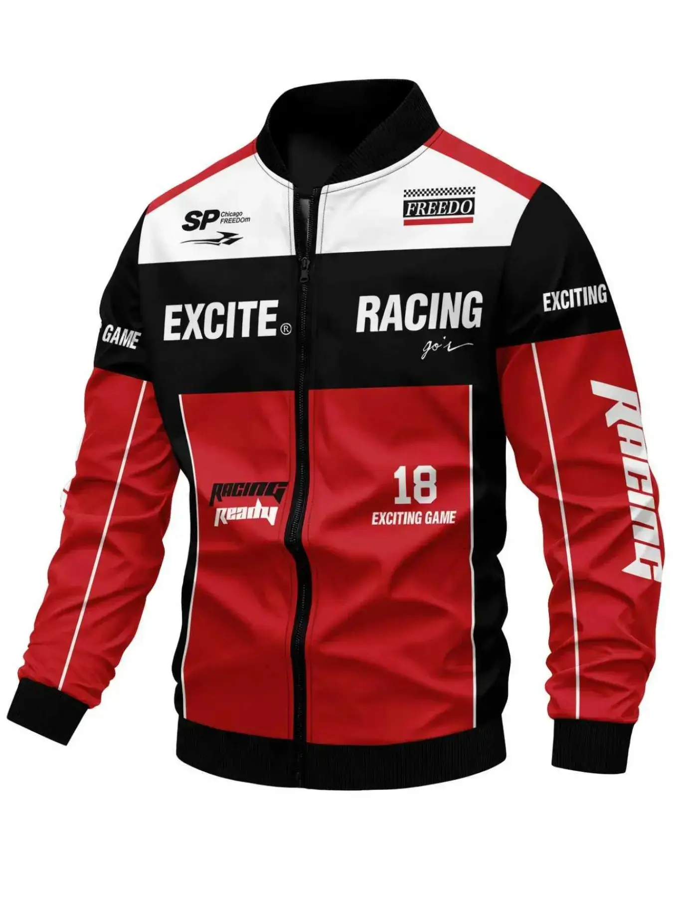 Men's Racing Speed Letter Number Print Baseball Neck Zipper Jacket, Block Outdoor Cycling Style Fashion Coat