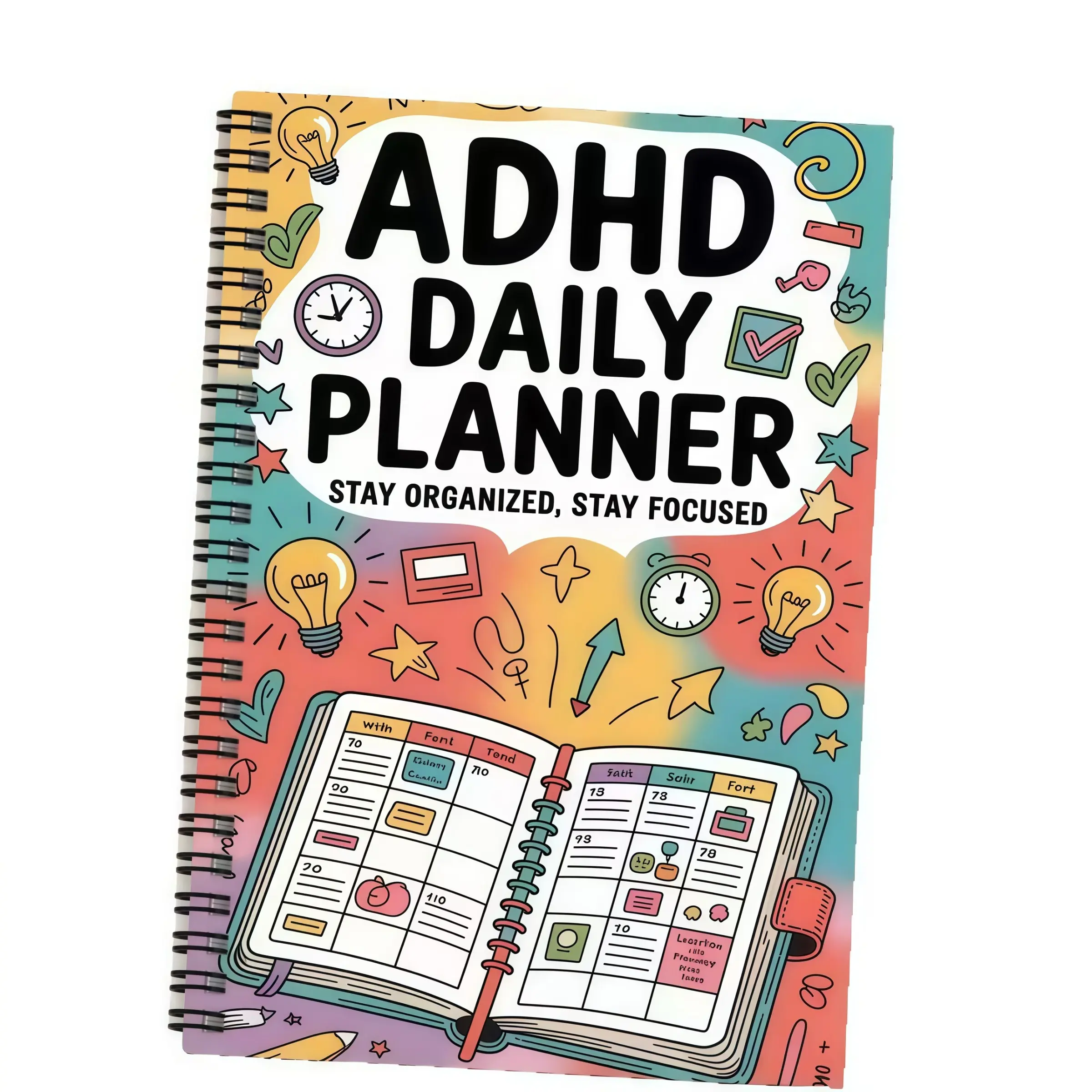 Colorful Cartoon Graffiti Style Adhd Daily Planner Notebook, Spiral Bound Task Management Journal, Ideal for Students and Office Workers
