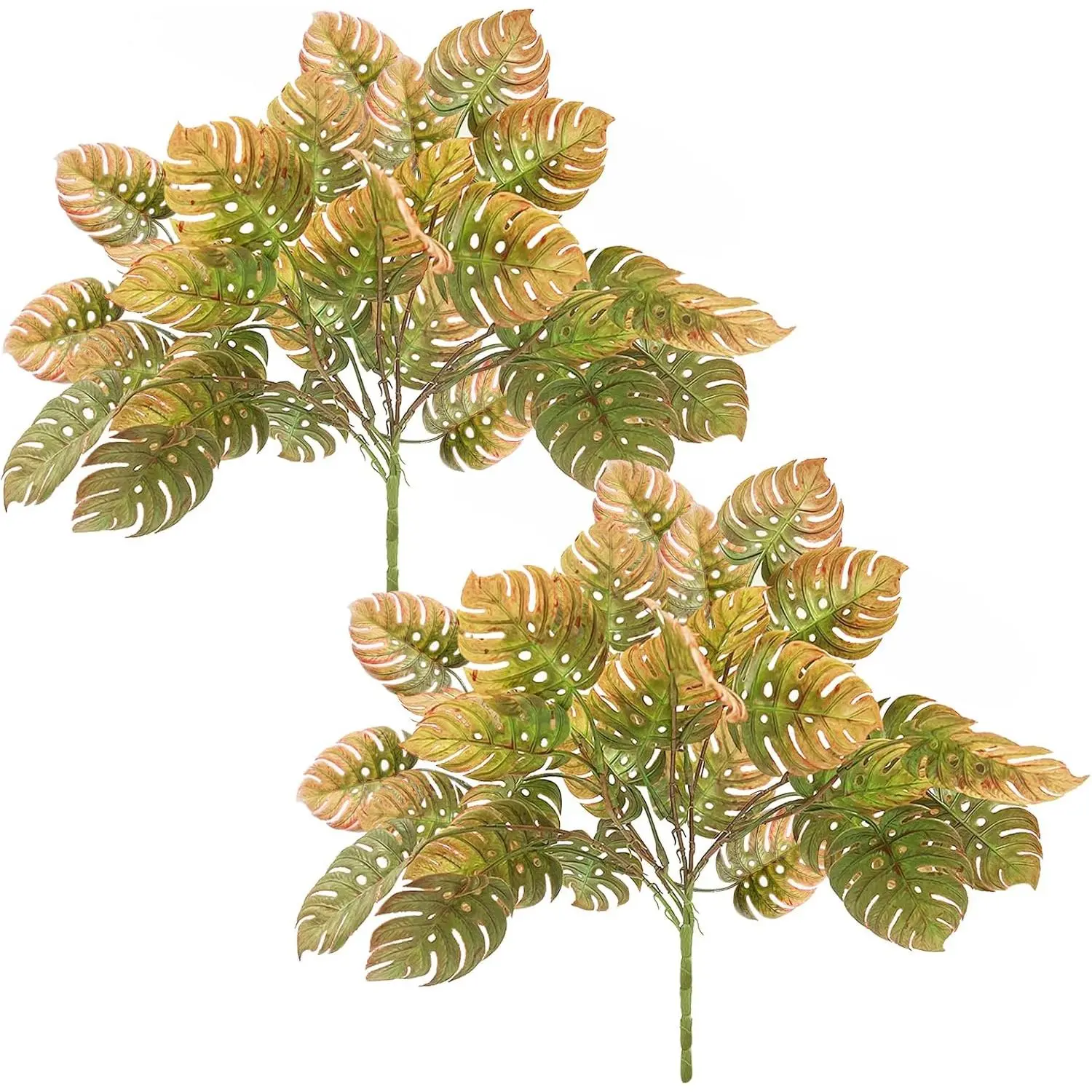 42 count Leaves Artificial Tropical Monstera ,Gradient Color Artificial Palm Leaves with Stems,12in/40cm Real  Indoor Faux Monstera  for Pot, Cheese  for Shelf