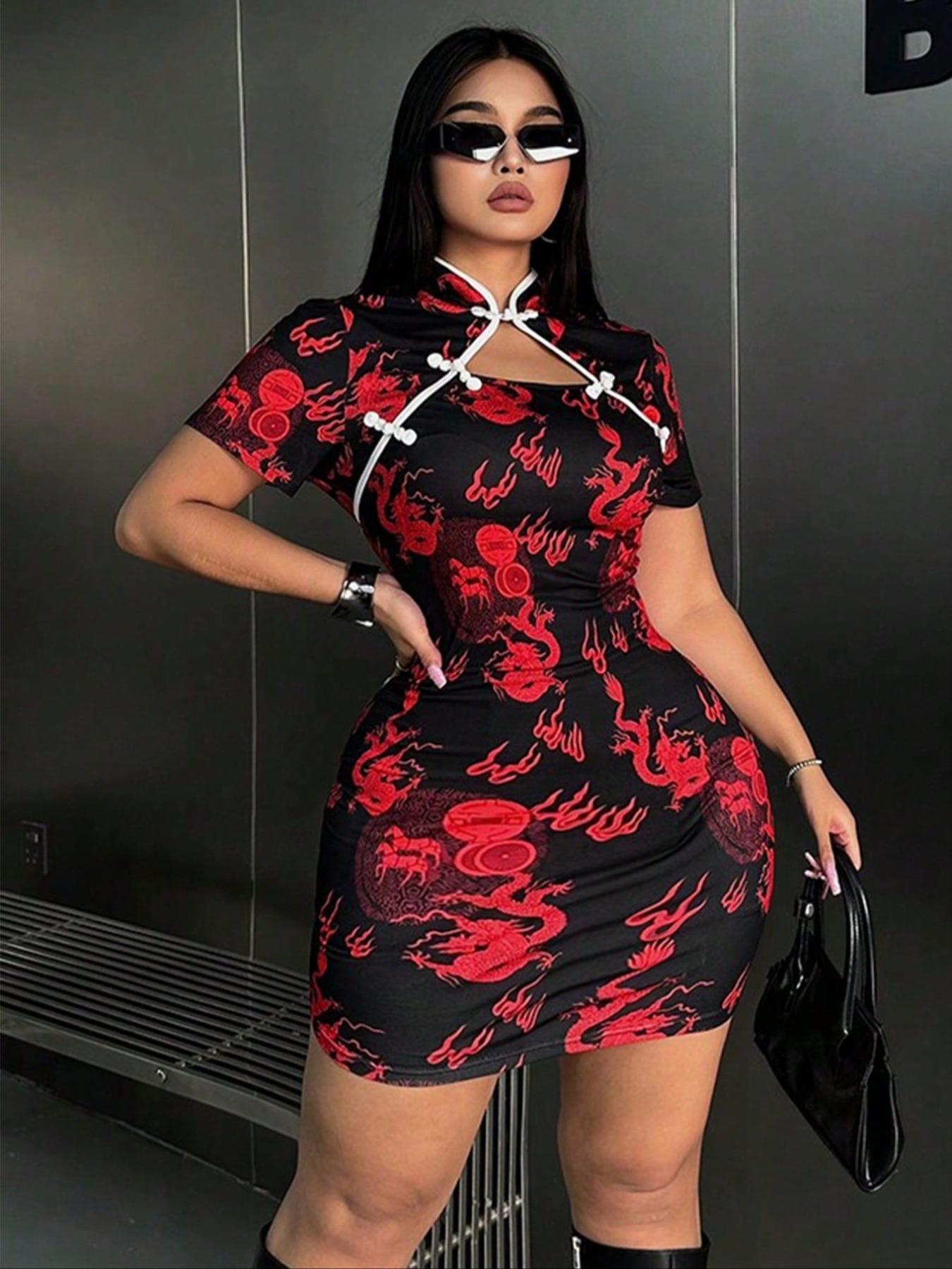 【plus Size】 Ethnic Pattern Mandarin Collar Bodycon Dress, Elegant Short Sleeve Short Dress for Party Holiday Wedding Guest, Women's Clothes for All Seasons, Formal Dress Hides Tummy, Shortsleeve Womenswear