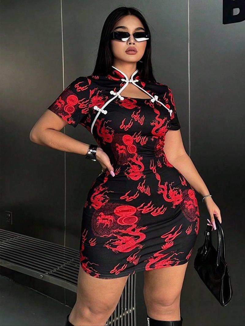 【plus Size】 Ethnic Pattern Mandarin Collar Bodycon Dress, Elegant Short Sleeve Short Dress for Party Holiday Wedding Guest, Women's Clothes for All Seasons, Formal Dress Hides Tummy, Shortsleeve Womenswear