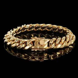 LovedenUnisex Hip Hop Miami Cuban Link Bracelet, 18K Gold / Silver / Rainbow Plated Thick Curb Chain Bangle, Stainless Steel Secure Lock Wristband for Men & Women