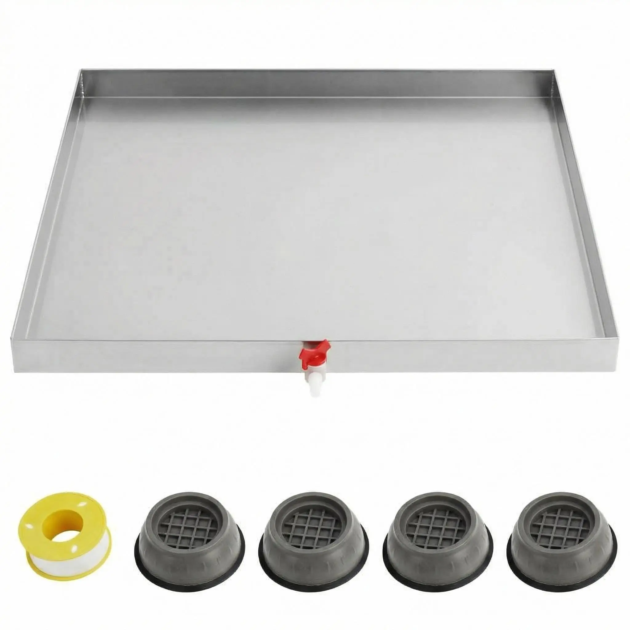 28x30 Inch Stainless Steel Washer Drain Pan with Drain Kit, 4 Suction Cup Feet, and PTFE Tape, 0.75mm Thick