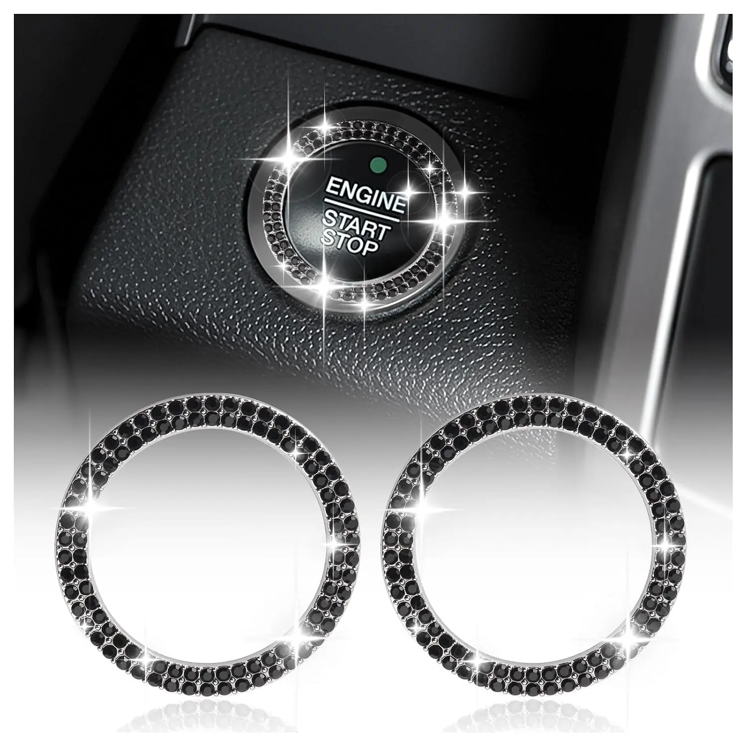 Stylish Push Start Button Cover Decoration Ring,Bling Rhinestone  Start Button Cover for  Engine/AC Buttons,2PCS Engine Starts Buttons Covers Ring Sticker for  Decor