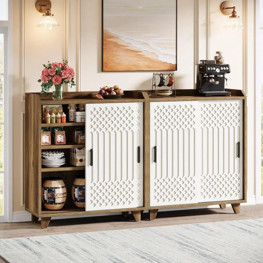 Modern Farmhouse Wood Sideboard Buffet Cabinet - Durable Customizable Storage, Space-Saving Doors, Adjustable Shelves, Unique Door Panels for Dining Room & Various Room Types