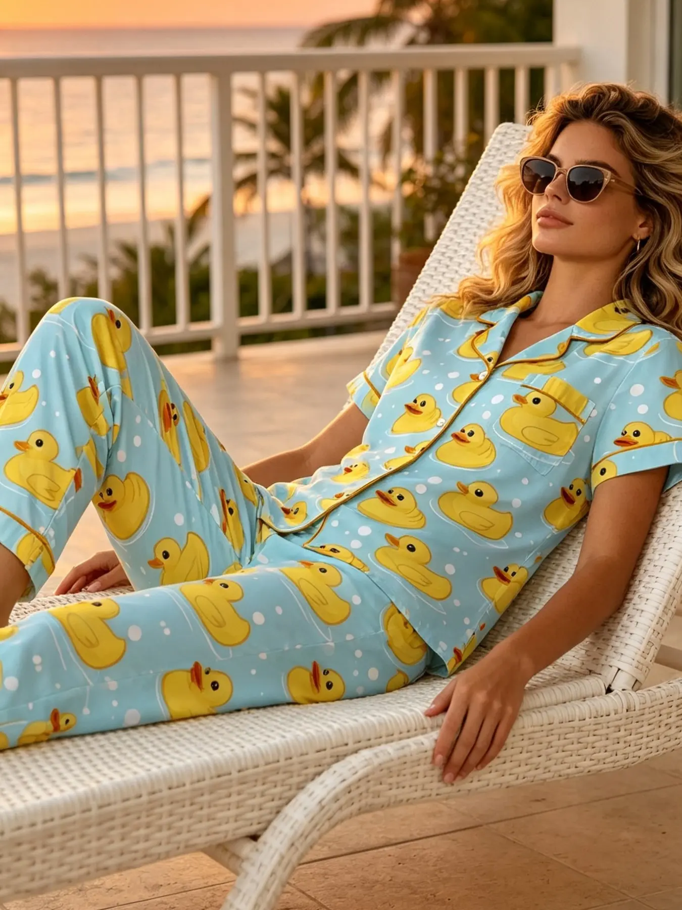 Women's Pajama Set, Blue Duck Print, Short Sleeve, Ankle Length, Loose-Fit, Casual Style, Soft and Breathable, 2-Piece Home Wear