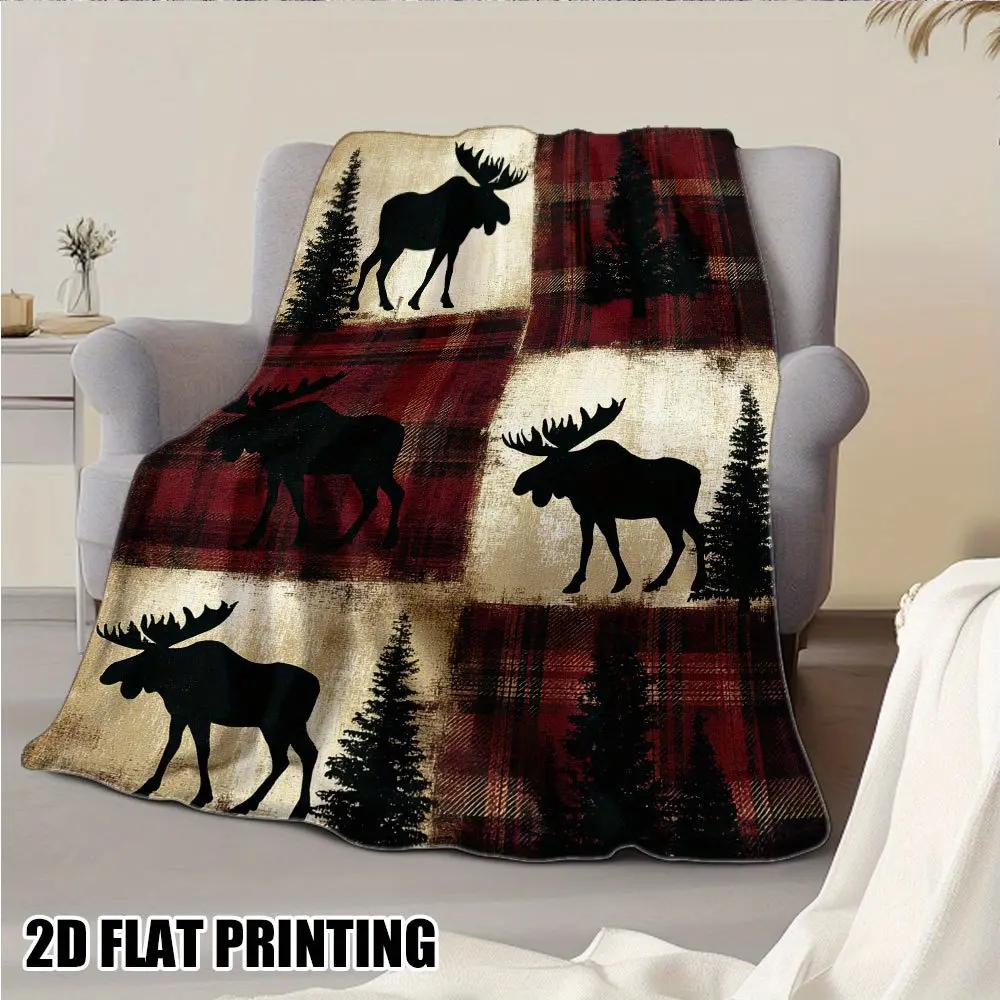 Christmas Reindeer Check Flannel Blanket |   Thick and warm, red/black/beige/white check reindeer pattern, suitable for all seasons, can be used on sofas, beds, camping, warm holiday home decoration gifts, durable digital printing, soft material.