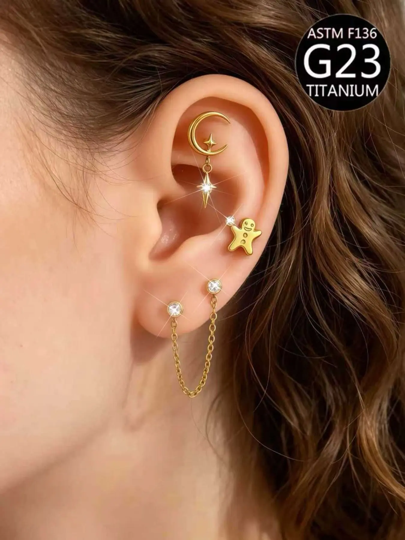 Christmas Atmosphere Earrings, G23 Titanium Zircon Ear Cuffs, Star Moon Chain Gingerbread Man Set, Perfect for Holidays and Daily Wear