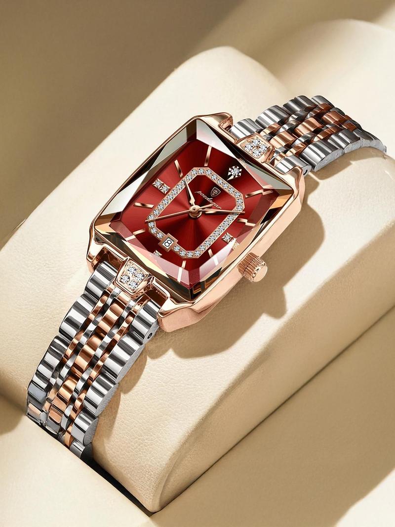 Women's Elegant Rectangle Dial Analog Quartz Watch, Exquisite Trendy Wristwatch, Fashionable Watch for Women As Gift with Box, Stainless Steel Watches