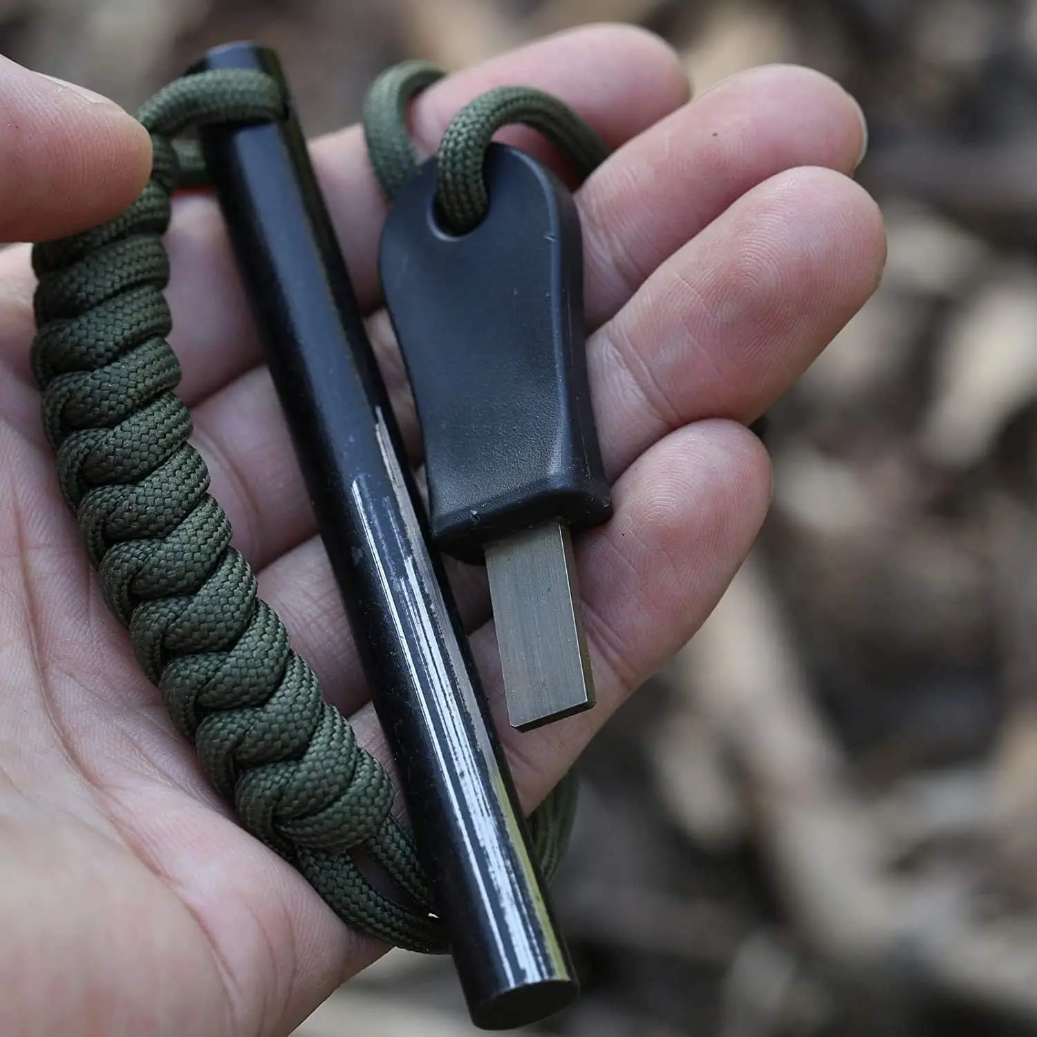 4 Inch Survival Ferrocerium Drilled Flint Fire Starter, Ferro Rod Kit with Paracord Landyard Handle and Striker, 4"(Long) x 3/8"(Diameter)
