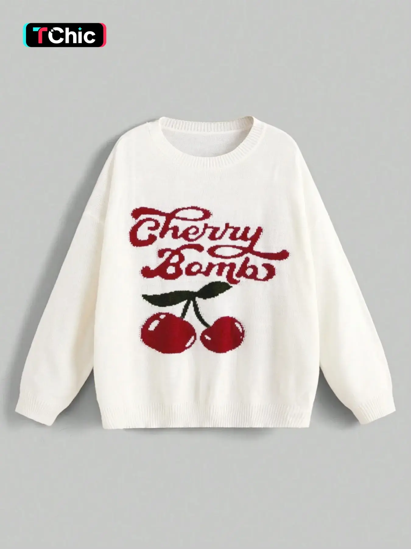 School Style Cute Cherry Color and Letter Pattern Loose Fit Pullover, Preppy Fall & Winter Fashion, Unlined Long Sleeve Drop Shoulder Sweater