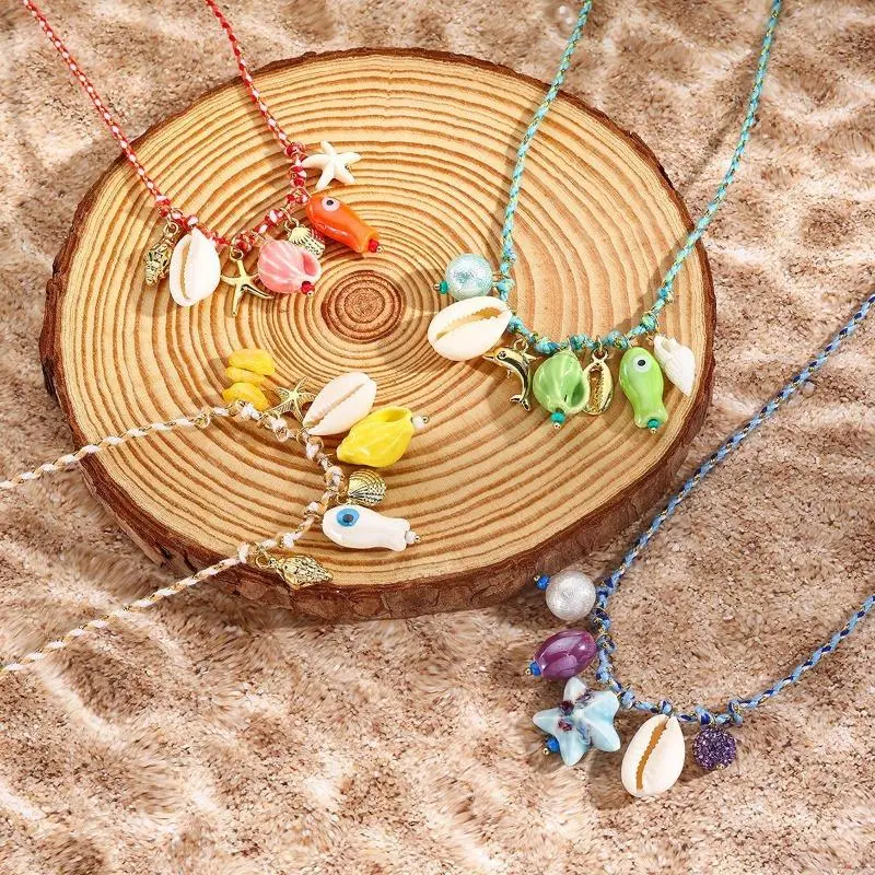 Boho Summer Ocean Style Layered Statement Necklace, Vivid Shell Starfish Ceramic Pendant with Woven Rope for Beach Trip, Ocean Boho, Ceramic Pendants, Adjustable, Unisex, Casual