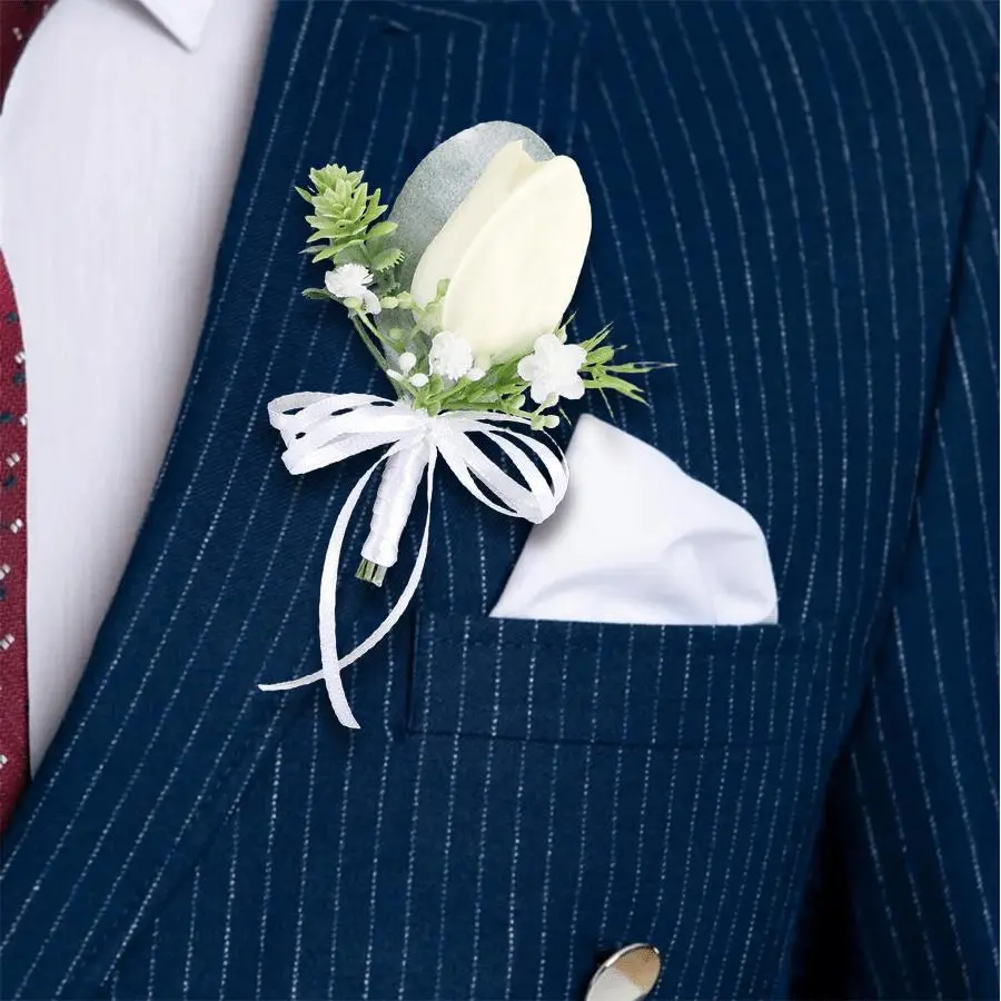 2PCS Minimalist Plastic Artificial White Tulip Flower Boutonniere Pins - Secure Pre-Assembled Groom Floral Corsage with Satin Ribbon, Easy-Install Pinback Accessories for Wedding Party Supplies