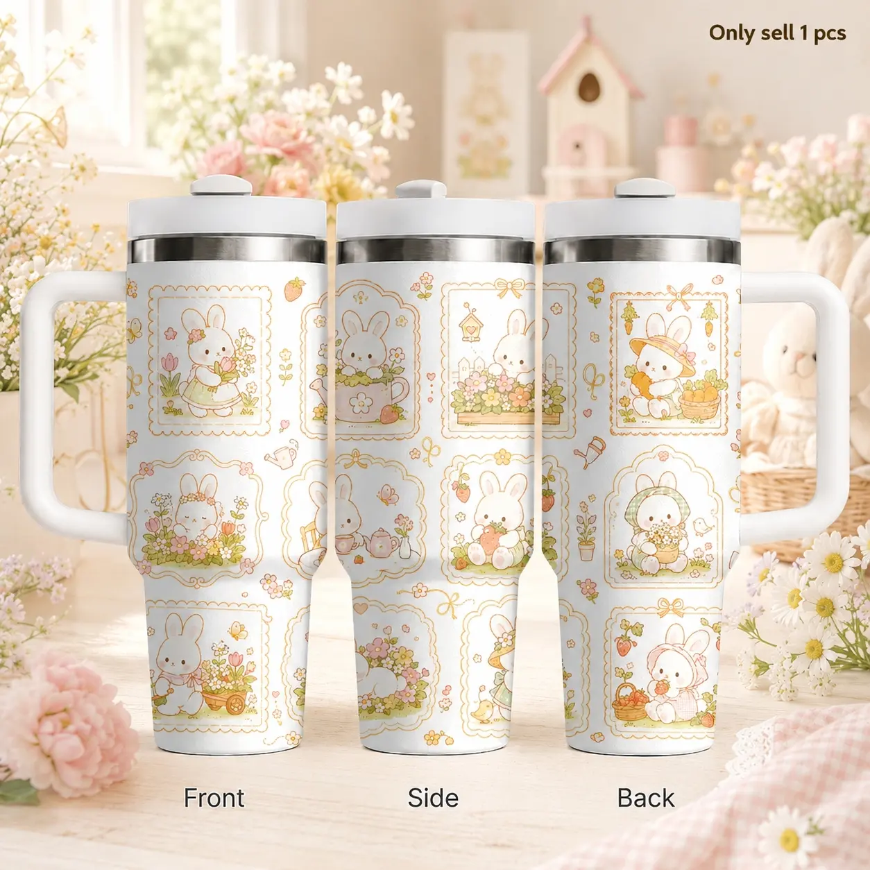 Cute Bunny 40oz Tumbler with Handle and Straw, Kawaii Rabbit Floral Stainless Steel Vacuum Insulated Travel Cup, Pastel Aesthetic Water Bottle Gift for Women