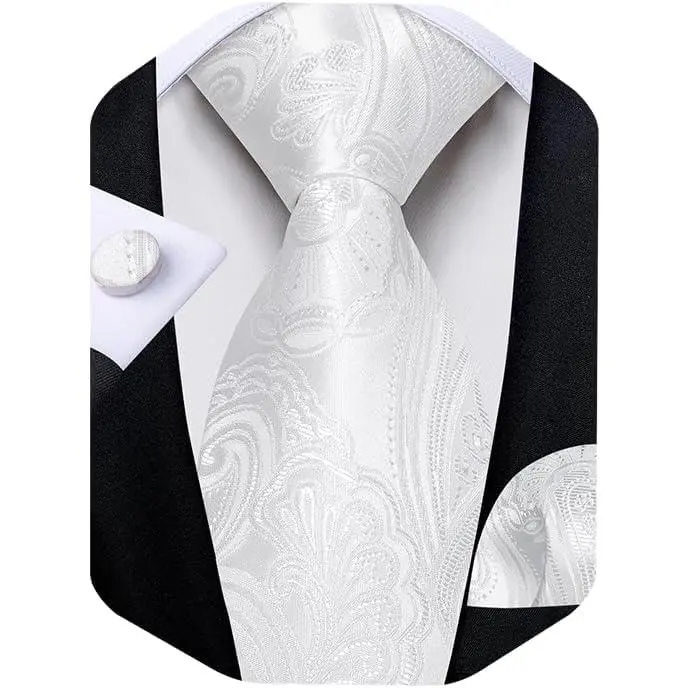 White Paisley Tie Silk White Floral Necktie and Handkerchief Set For Men Business Wedding