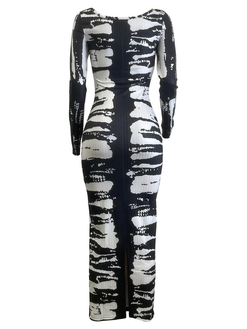 Women's U-Neck Dress Spring New Corduroy Print Back Long Skirt, Fashion Sexy Elegant Casual Medium-Length Dress for Autumn Winter