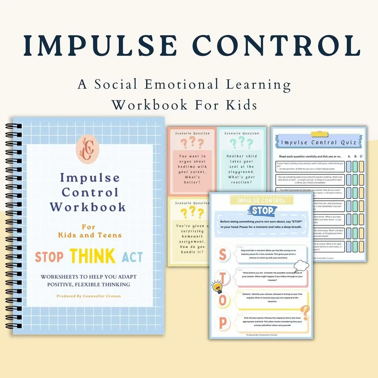 Impulse Control Workbook for Kids and Teens, Stop Think Act Emotion Management Notebook, Educational Tool for Emotional Development, Journals