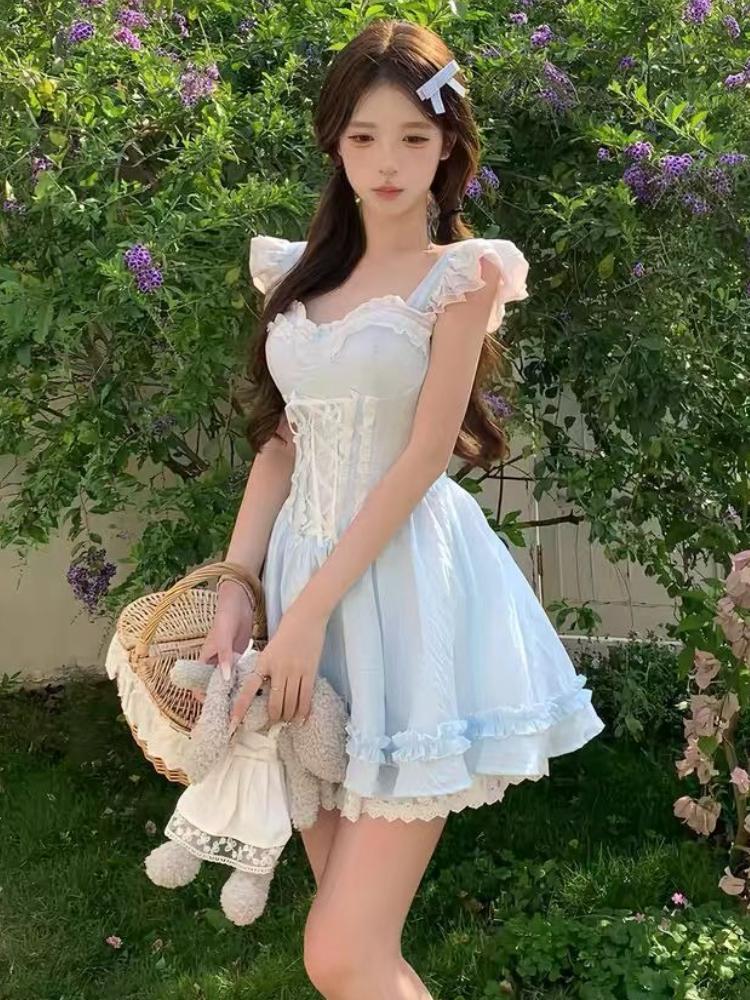 Summer Sweet Fairy Slim Blue Dress Fashion Design Lace Sling Thin Dresses Girl Elegant Chic Square Neck A-line New Outfits 2025