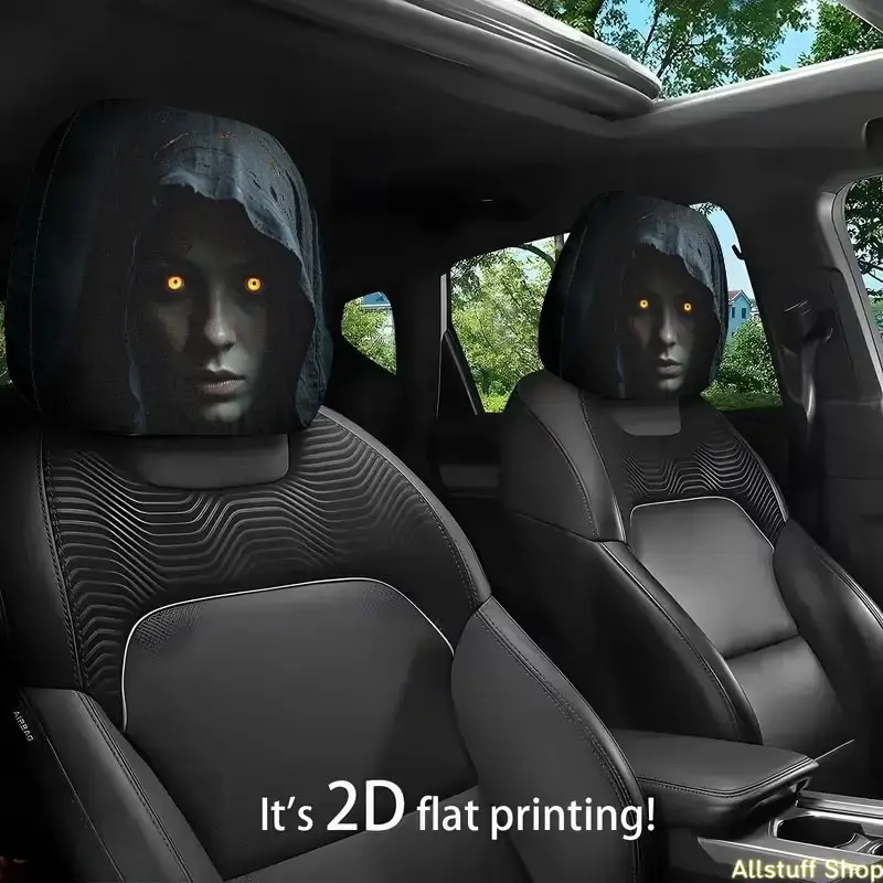 2Pcs Creepy Ghost Print Covers for Vehicle Interior -  Spooky 2D Flat Printed Seat Pillow  2D Flat Printed Spooky Covers for Halloween