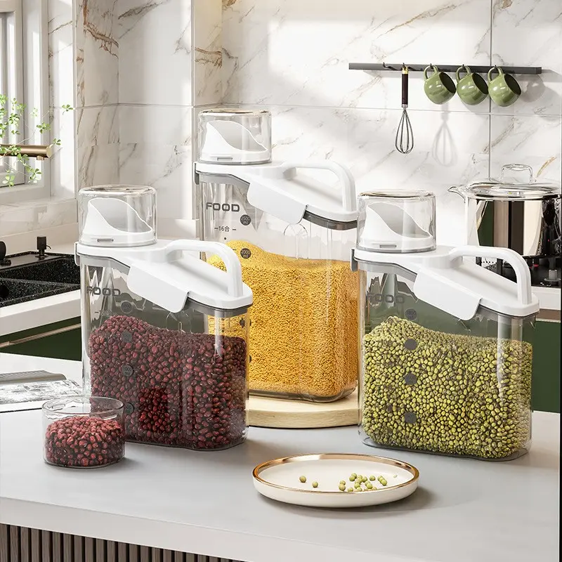 Transparent Dry Food Storage Jar for Kitchen, Measuring Cup Lid Design, Portable Rice Grain Container, Three Sizes Available, Clear Storage Containers