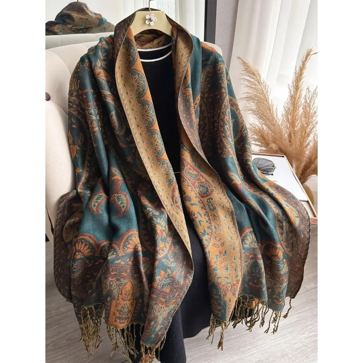 Women's Floral Print Boho Scarf – Tassel Trim Fashion Shawl Wrap, Soft Elegant Daily Wear Accessory, Versatile All-Match Scarf & Birthday Gift for Women