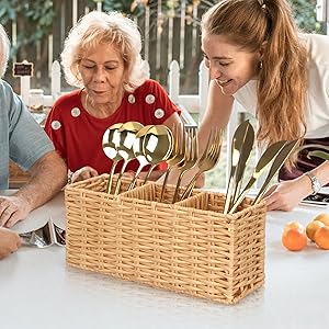 Wicker Flatware Silverware Caddies Cutlery Holder Best Kitchen Silverware Organizer Storage for Countertop Silverware Utensils Holder Party Spoon Knives Fork Holder Flatware Utensil Caddy Metal Plastic Steel Boxes Decor Rattan maid of honor gift grain bin