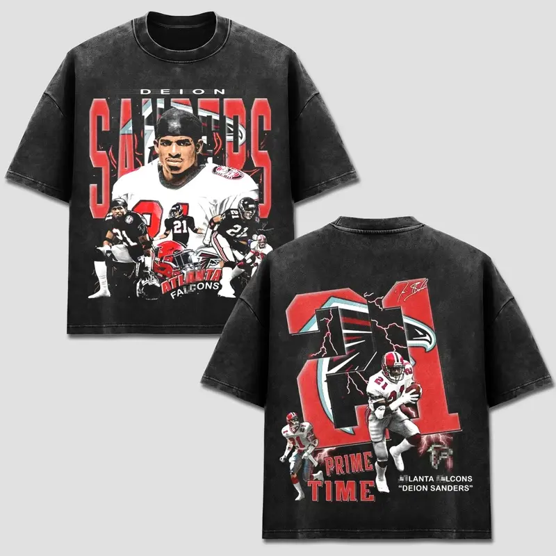 Deion Sanders 21 T-Shirt, Atlanta Team Football Tee, ATL Dirty Birds Merch, Prime Time Falcon Helmet Graphic Apparel, Retro 90s Bootleg Sports Wear, American Football Fan Heritage Gift, Men Women Heavyweight Oversized Black Acid Wash Clothing