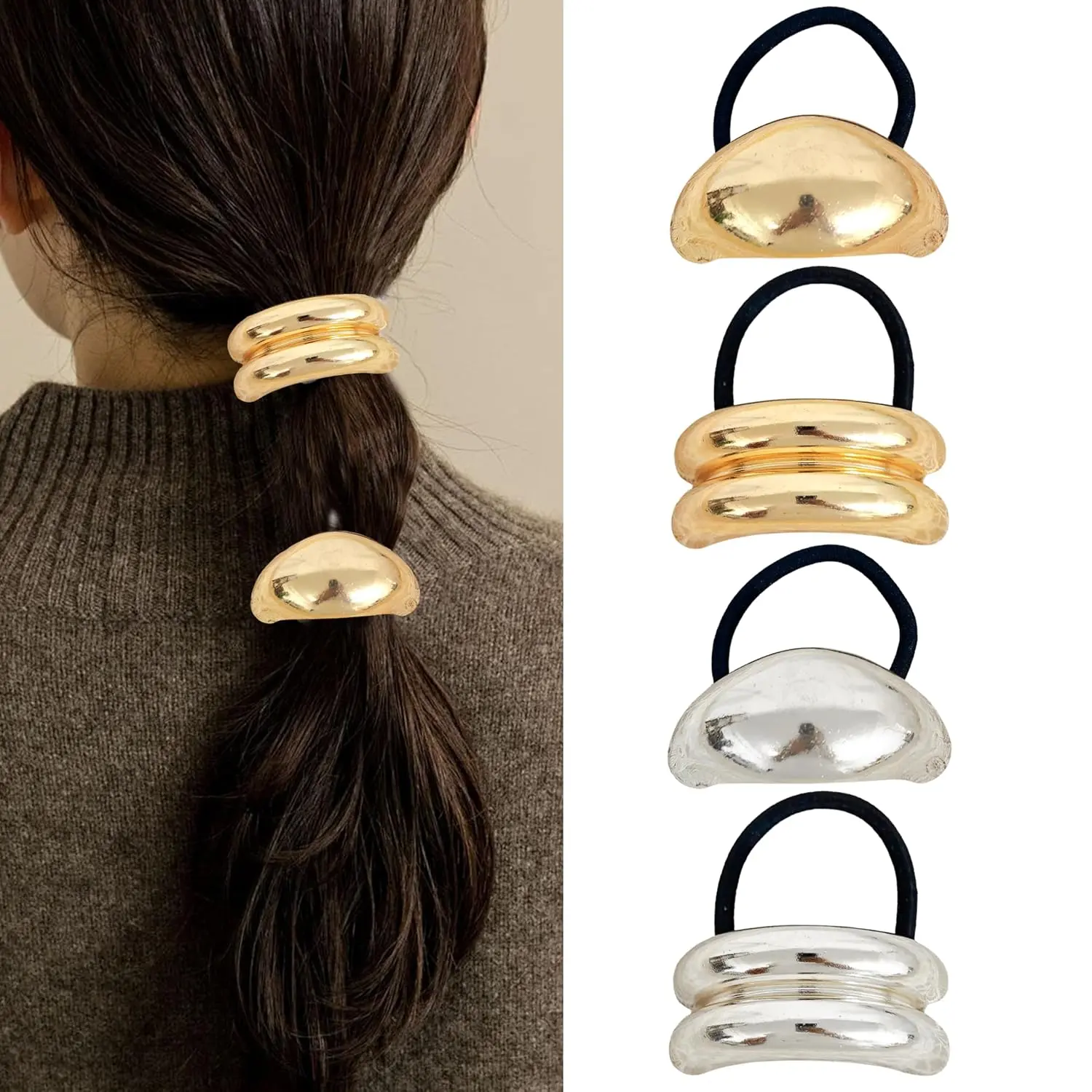 Metal Ponytails Hair Cuffs  &  Ties, Geometric Elastic Fashion Glossy Arch Accessories for Women 4 count