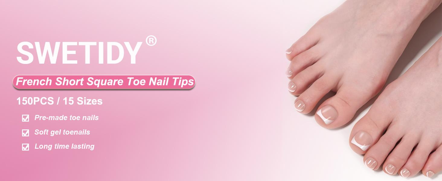 Toe Nail Press Ons, French Tips Toe Press On Nails, 150pcs Square Pre-Designed Soft Gel Thick False Toenail Extension, Berry Pink Full Cover Acrylic for DIY 15 Sizes