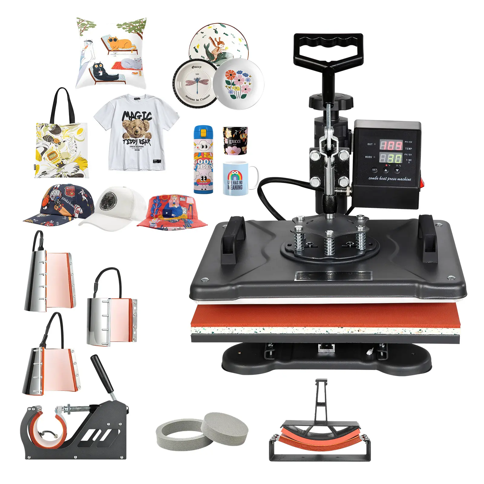 Heat Press Machine, Combo Digital Multifunctional Sublimation Heat Transfer Machine, 200-450°F(95-232°C) Temperature, 1050W Power, Precise Digital Control, 8-In-1 Versatile Kit
