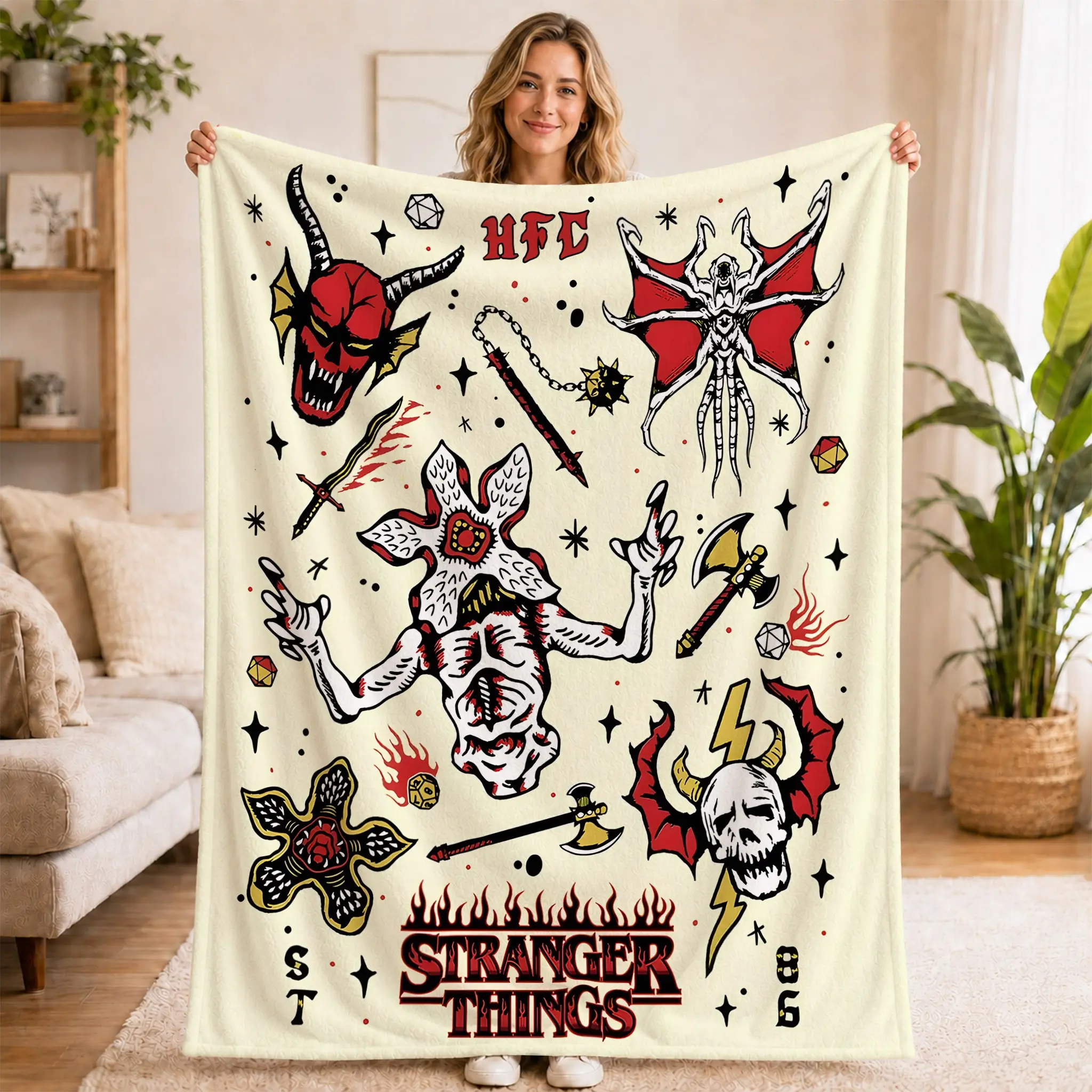 Stranger Things Flannel Fleece Blanket, Demogorgon Tattoo Art, Ultra-Soft Warm Throw, Couch Bed Living Room Decor, Cozy Blanket Throws