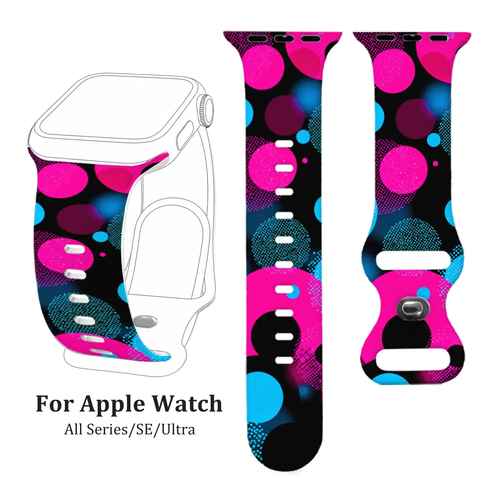 Black Pink Blue Dot for Apple Watch Women Men, Soft Silicone Sweat Resistant Easy to Clean Neon Circle Strap Compatible with Apple Watch Series 4/5/6/7/8/9/10, SE1/2, Ultra1/2/3, Fun Sport Wristband for Party Gift Band