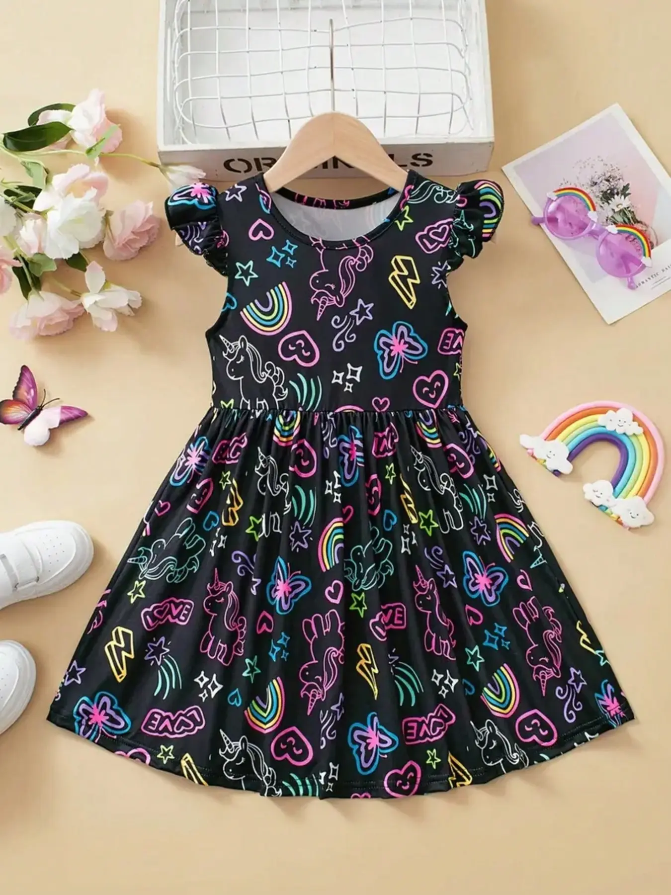 Girls' Graffiti Print Dress, Unicorn Rainbow Butterfly Pattern, Slim-Fitting Elegant Design, Perfect for Parties and Special Occasions