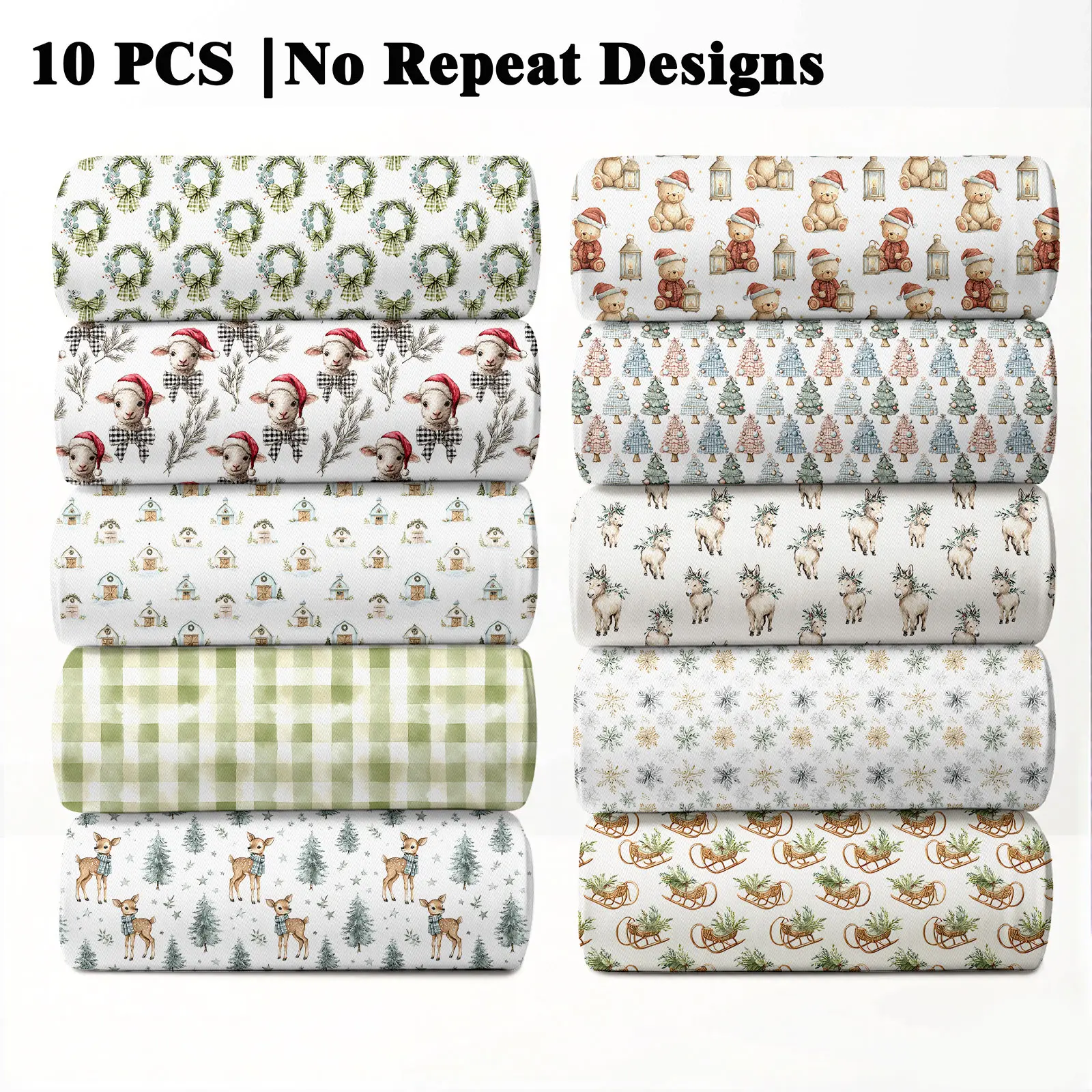 10PCS Christmas Farmhouse Nursery Print Fabric, 23x55cm (9x22in) Holiday Rural Kids Pattern Quilting Nursery Decor DIY