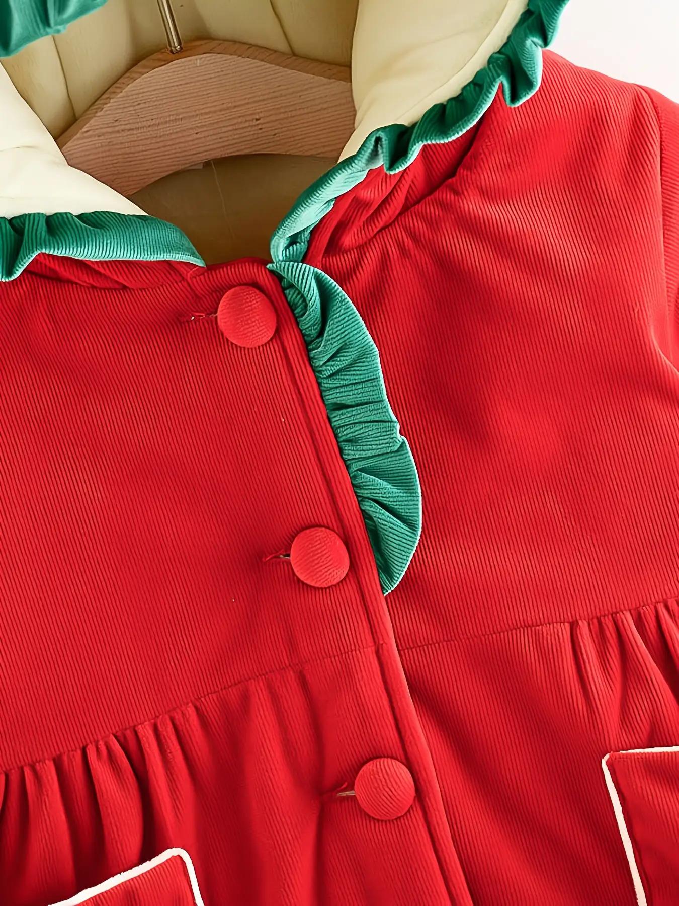 ' Winter Hooded Jacket - Long Sleeve Non-Stretch Coat with Front Bow Accent, Easy Button Closure, Hand Washable Outerwear, (Red/other Solid Color Available) - Perfect Christmas Outfit