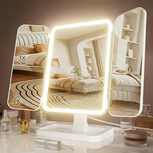 Tri-Fold Makeup Mirror with LED Light, Adjustable Three-Color Lamp, 180°/270° Rotating Vanity Mirror, 800mah Rechargeable Battery, Led Cosmetic Mirror
