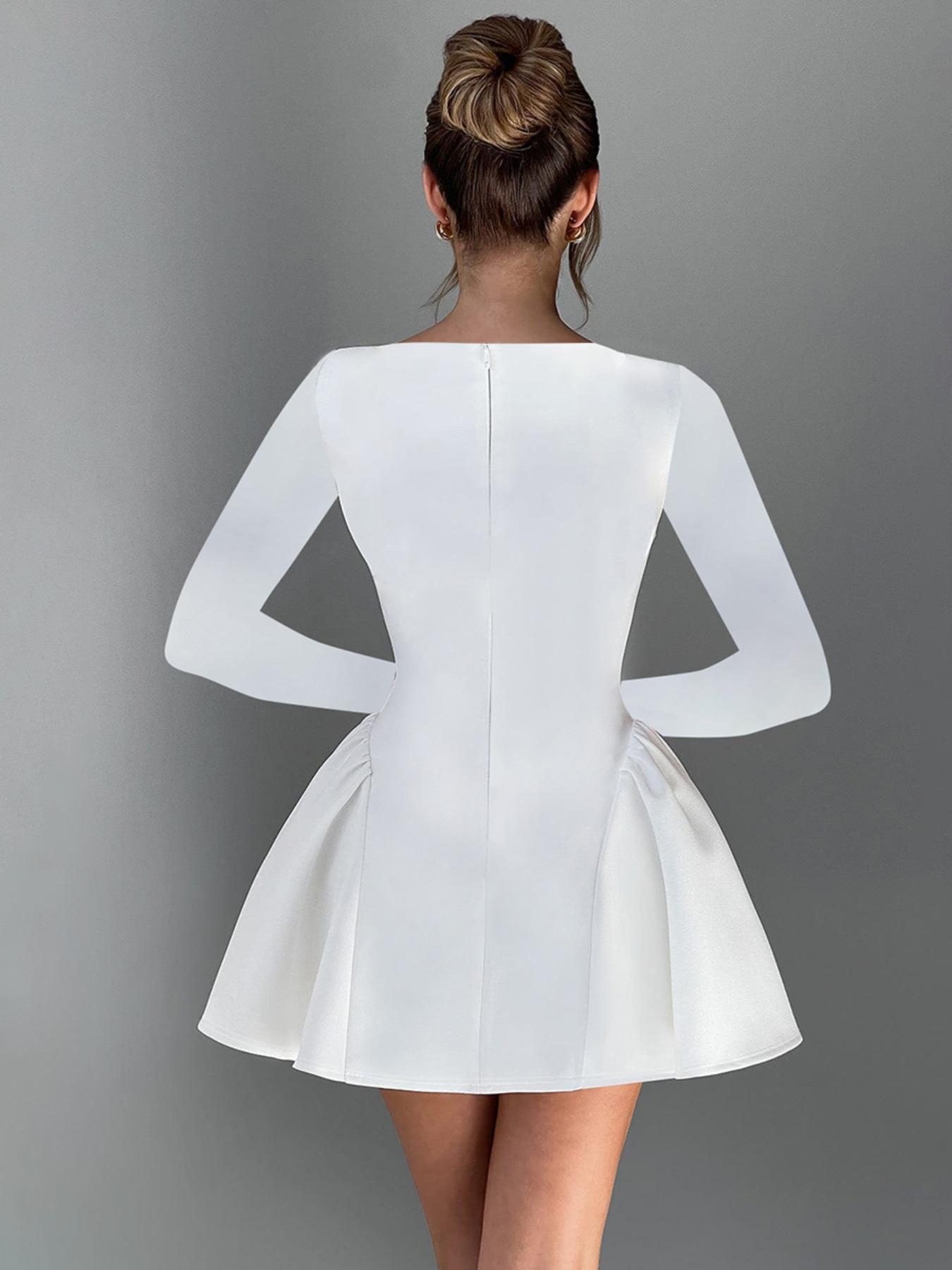 Women's Plain Long Sleeve Dress, Elegant Solid Color Back Zipper Party Club Holiday A-line Mini Dresses for Women