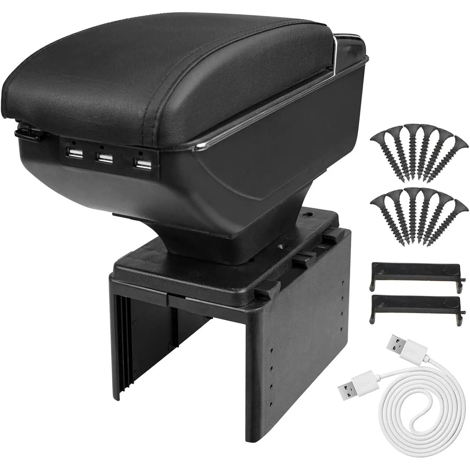Car Interior Center Console Armrest Box - Black Leather, Double Layer Storage, USB Charger, Adjustable Pad, Included Screws