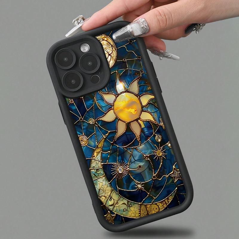 Vintage Phone Case Moon and Sun Pattern Case for IPhone 16 15 14 Pro Max 13 12 11 XR XS Plus Shockproof Non Slip Military-Grade Protection Silicone Cover