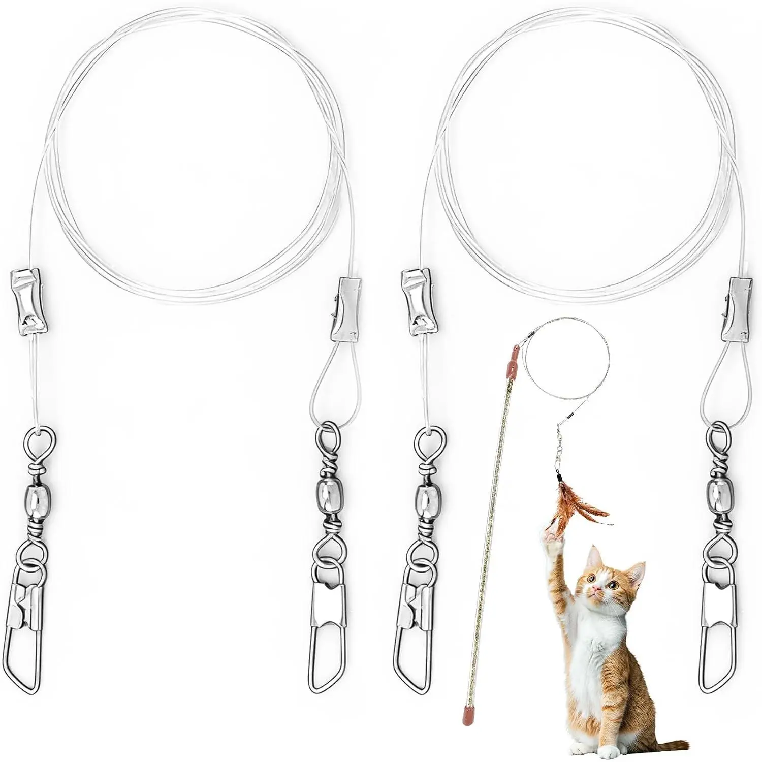 2 count  Teaser Wand Refill String, 25.59 Inch Tough  Strings Rod for  Wand, Clear Fishing Line Clasps  Dance Wires for Kitten Luring Pouncing Biting