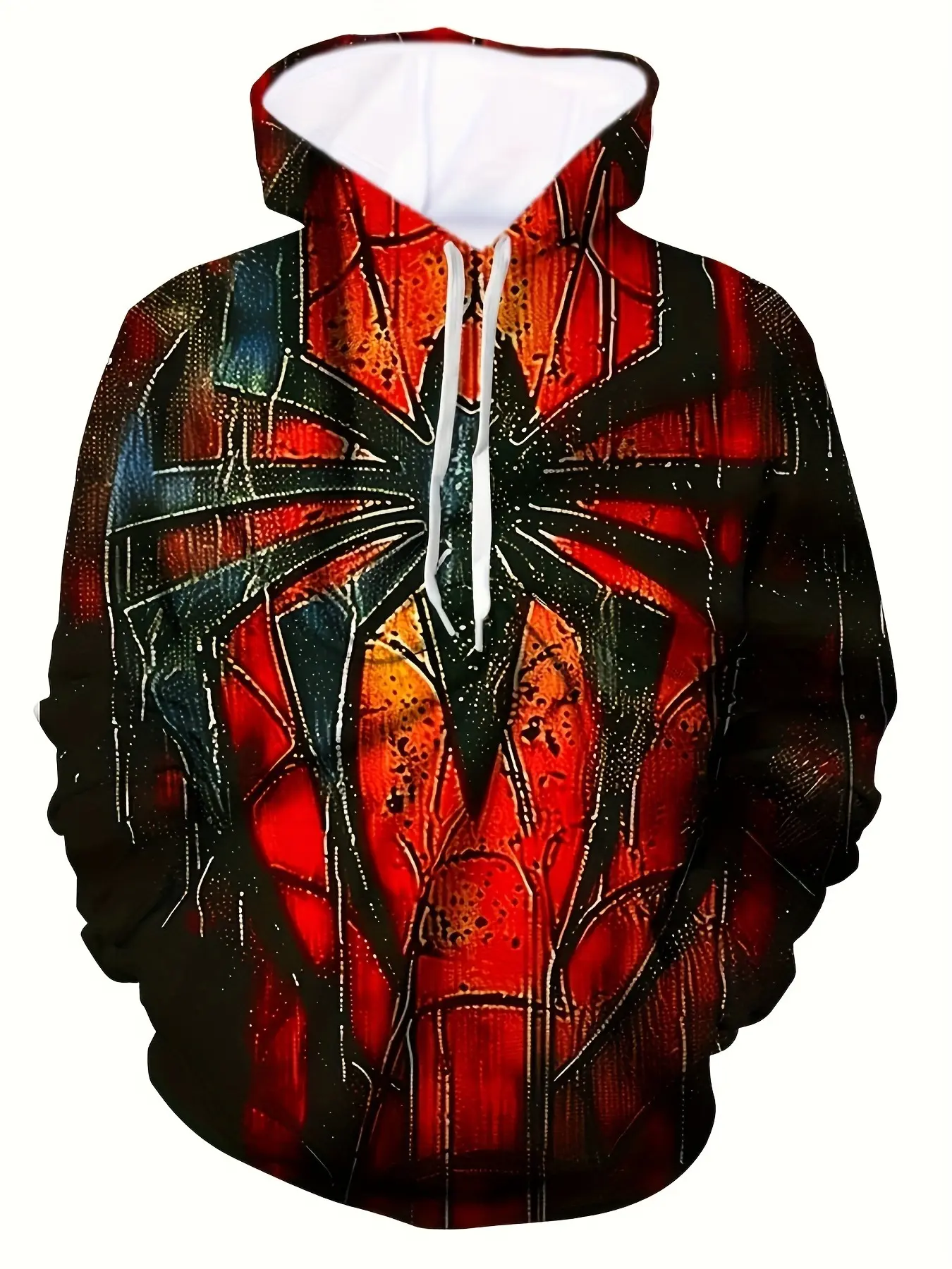 Men's Spider Pattern Hooded Sweatshirt - All-Season Halloween Costumes and Outdoor Pullover, Bold Red and Black Spider Web Print, Front Pockets Design, Machine Washable, Durable and Casual Style Suitable for Camping, Parties and Daily Wear (Regular Fit)