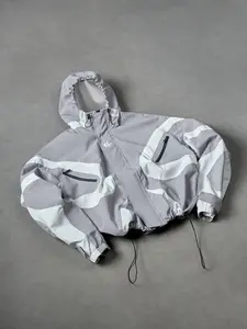 2026 New Men Y2K Streetwear Color Block Hooded Windbreaker Jacket Geometric Contrast Panel Techwear Coat Adjustable Drawstring Hem Hood Zip Pocket Lightweight Windproof Outerwear Black Navy Light Gray Dark Gray Multi Colors Available