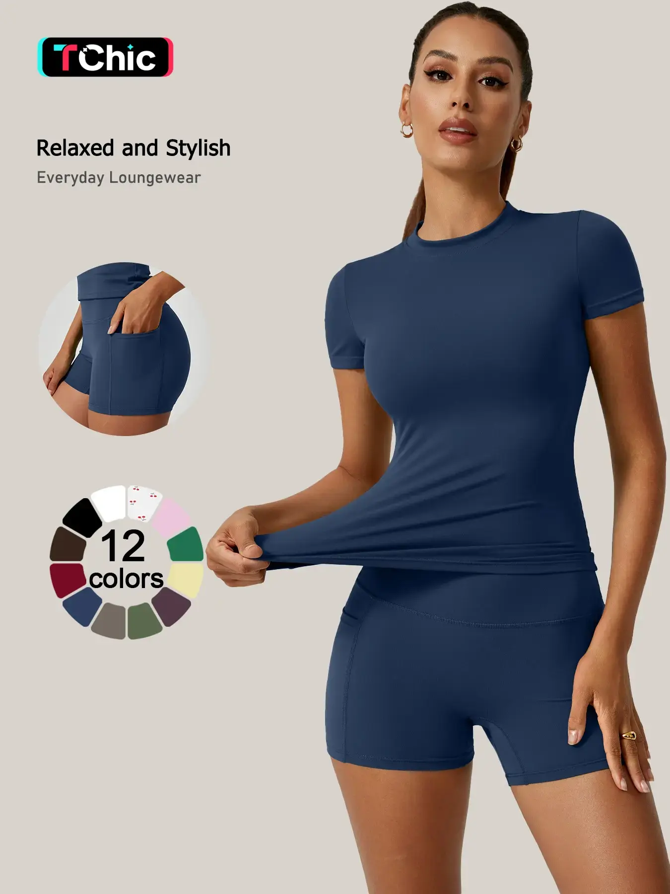 2 piece set, Athletic clothes set, women's Sportswear Yoga Suit Set solid color quick drying short sleeved top with pockets on both sides shorts with tight fit suitable for yoga gym training running cycling all season outdoor versatile shorts