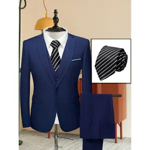 Men's Navy 4-Piece Formal Wear Suit - Long Sleeve Blazer, Custom Tie Option, Suitable for Interviews, Casual Workdays